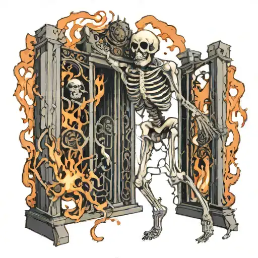 skeleton escaping gates of hell tattoo design idea