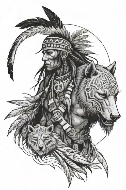 native american warrior and bear tattoo design idea