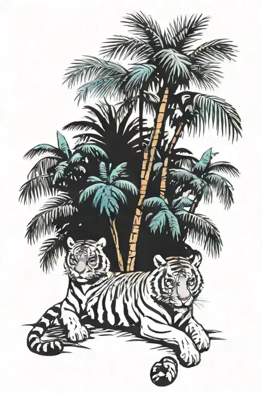 tiger surrounded by palms tree tattoo design idea