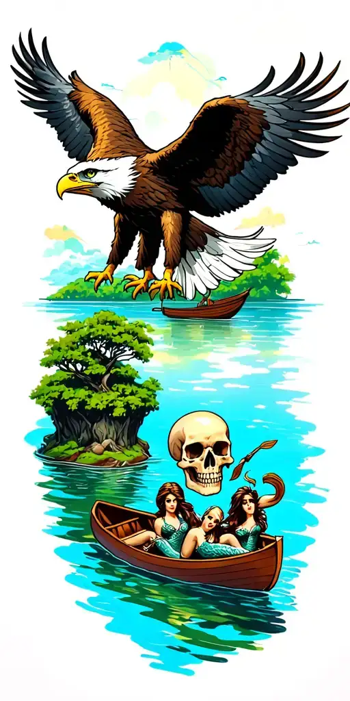 bald eagle at top of sleeve and a Peter Pan lagoon in a rowboat skull island around the elbow mermaids below the boat tattoo design idea