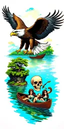 bald eagle at top of sleeve and a Peter Pan lagoon in a rowboat skull island around the elbow mermaids below the boat tattoo design idea