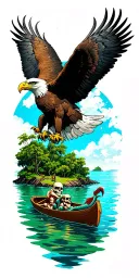 bald eagle at top of sleeve and a Peter Pan lagoon in a rowboat skull island around the elbow mermaids below the boat tattoo design idea