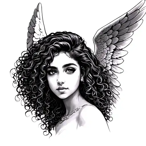 beautiful tan skin curly hair Latina guardian angel tattoo design idea