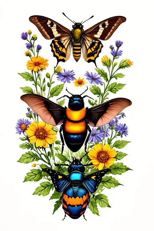 rusty patch bumblebee, hummingbird moth, swallowtail butterfly, brown bat, click beetle, & blue bird over wildflowers  tattoo design idea