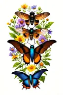 rusty patch bumblebee, hummingbird moth, swallowtail butterfly, brown bat, click beetle, & blue bird over wildflowers  tattoo design idea