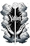 "Yahweh" Yahweh written vertically held by open hands and clouds moving open tattoo design idea