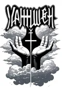 "Yahweh" Yahweh written vertically held by open hands and clouds moving open tattoo design idea