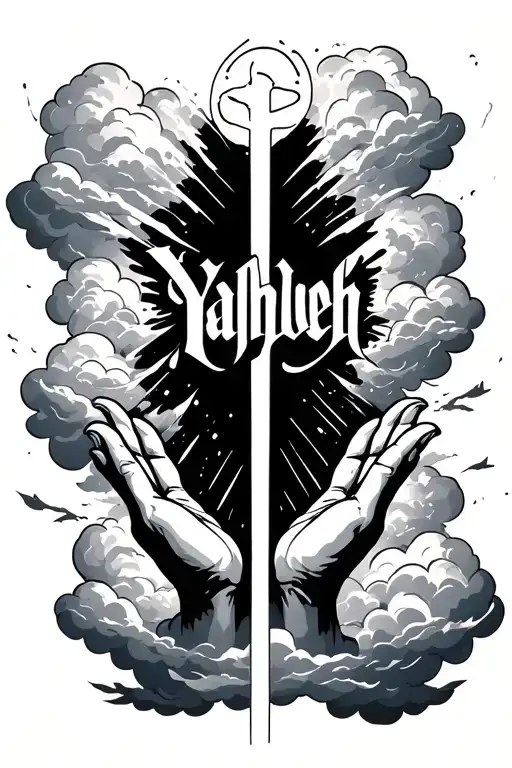 "Yahweh" Yahweh written vertically held by open hands and clouds moving open tattoo design idea