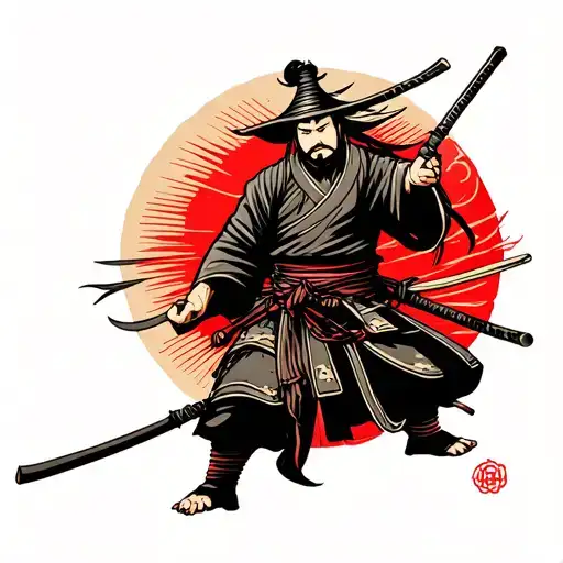 Traditional Japanese irezumi full sleeve tattoo design. Features a determined ronin (masterless samurai) in weathered ar tattoo design idea