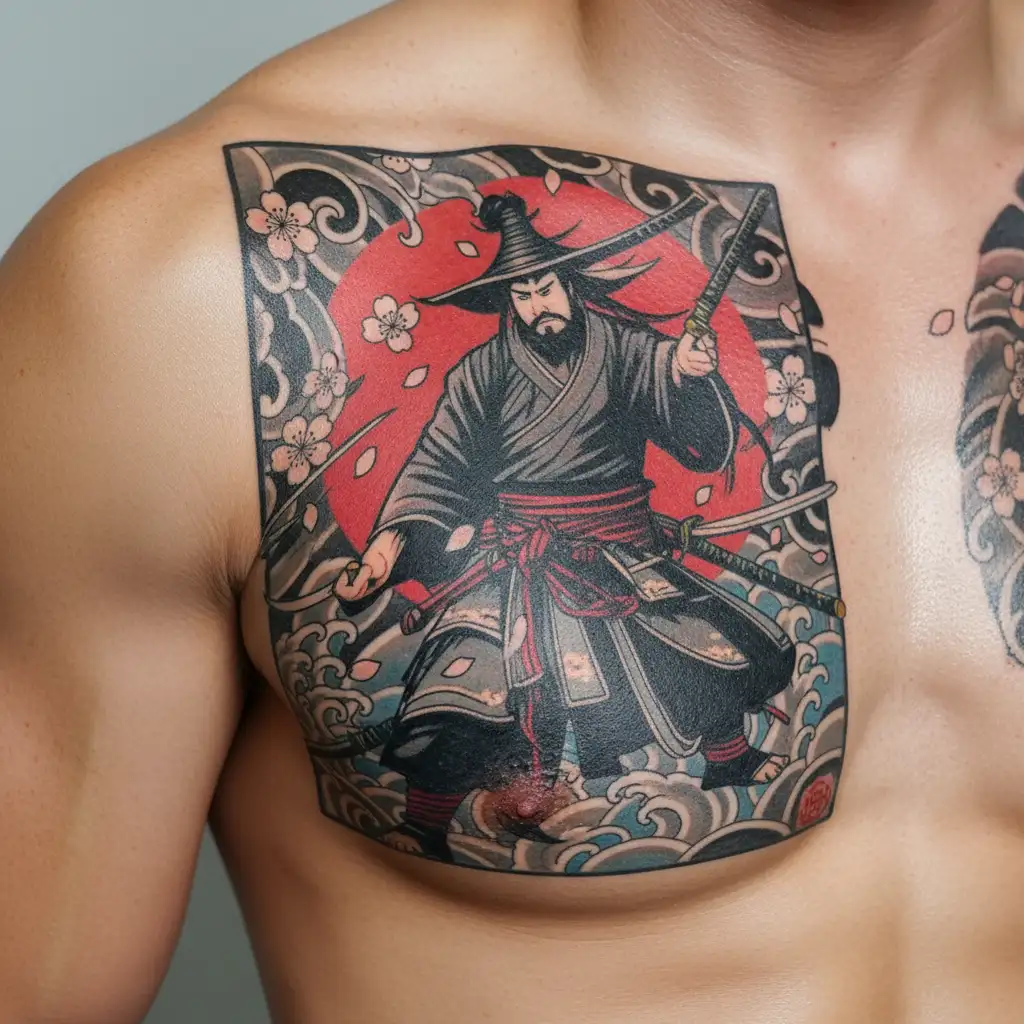 Traditional Japanese irezumi full sleeve tattoo design. Features a determined ronin (masterless samurai) in weathered ar tattoo design idea