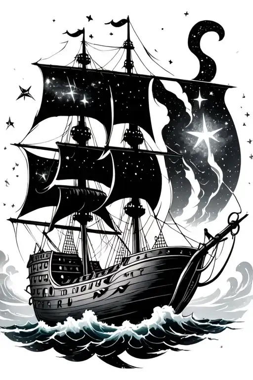 capt. hook peter pan style ship sailing through storm, stars and cosmos in the sky through the clouds tattoo design idea