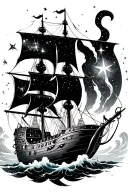 capt. hook peter pan style ship sailing through storm, stars and cosmos in the sky through the clouds tattoo design idea