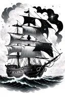 capt. hook peter pan style ship sailing through storm, stars and cosmos in the sky through the clouds tattoo design idea