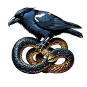 snake celtic knot intertwined and raven perched tattoo design idea