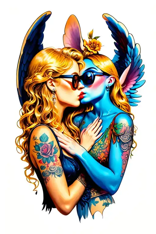 Angel with blonde hair and stitch with glasses kissing tattoo design idea