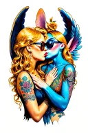 Angel with blonde hair and stitch with glasses kissing tattoo design idea