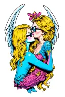 Angel with blonde hair and stitch with glasses kissing tattoo design idea