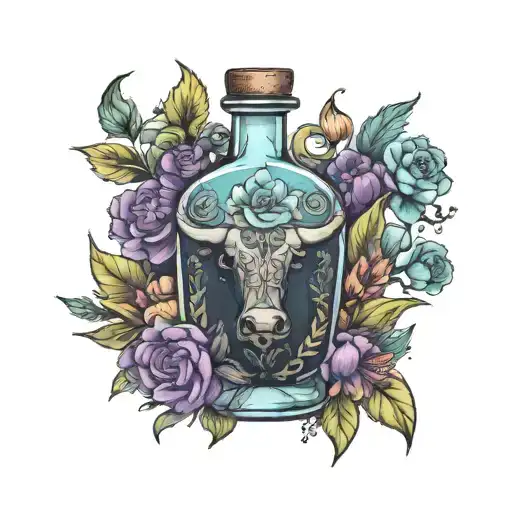 Potion bottle with various florals and themed with a bull  tattoo design idea