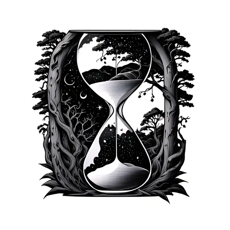 hour glass art minimalist femal body trees and galaxies  tattoo design idea