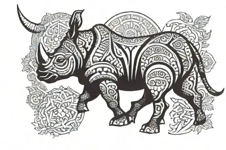 Nigerian pattern back tattoo with a rhino in the center tattoo design idea