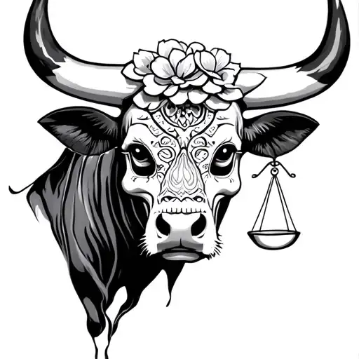 feminine bull with sugar skull markings and Libra scales tattoo design idea