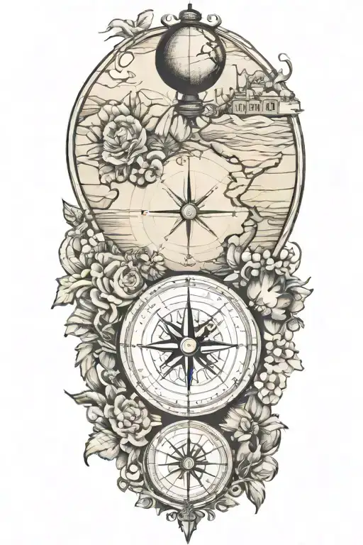 travel inspired tattoo featuring compass, globe and tuscan landscape tattoo design idea
