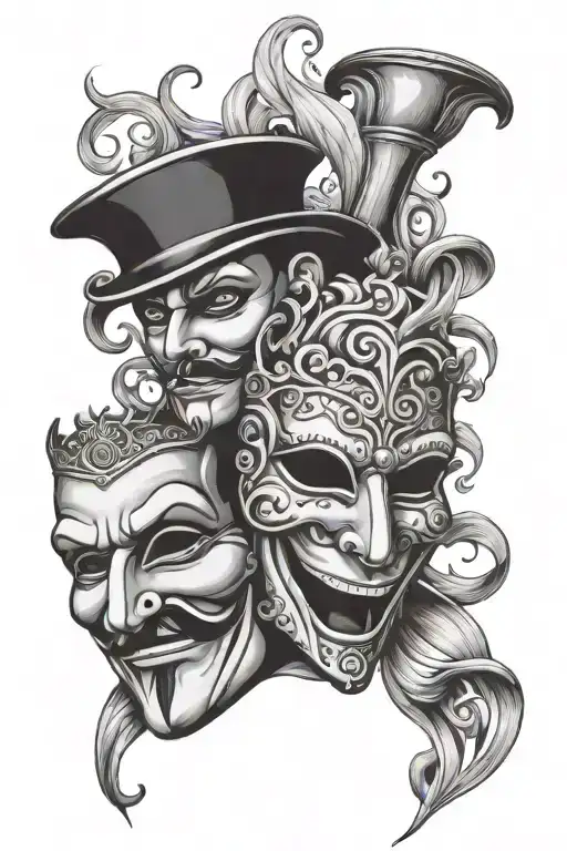 theater masks tragedy and comedy one above one below. dark tattoo design idea
