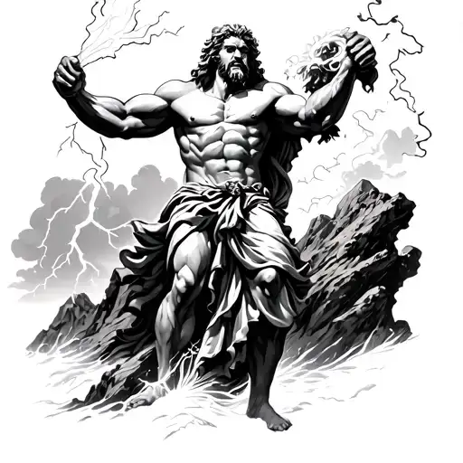 angry Zeus holding a lightning and throwing it down a mountain realistic tatto style tattoo design idea
