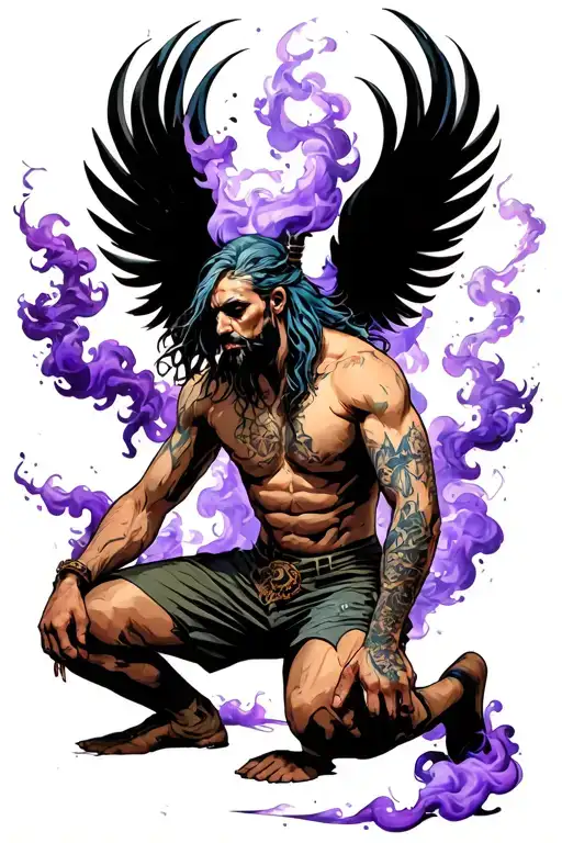 Igris from solo leveling kneeling surrounded by purple smoke  tattoo design idea