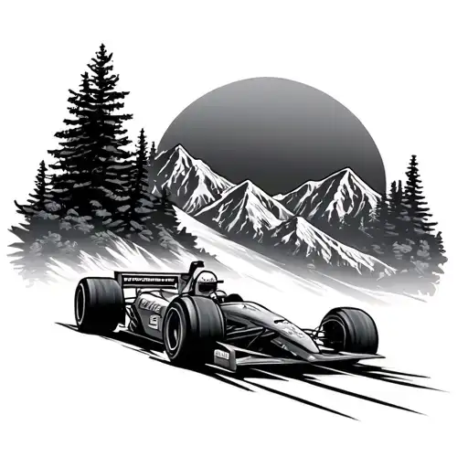 mountains sun formula car tattoo design idea