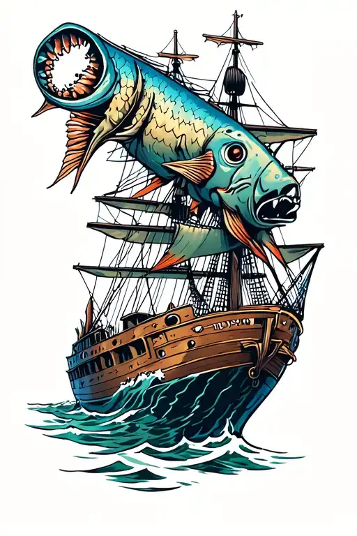 sunken ship with anglerfish tattoo design idea