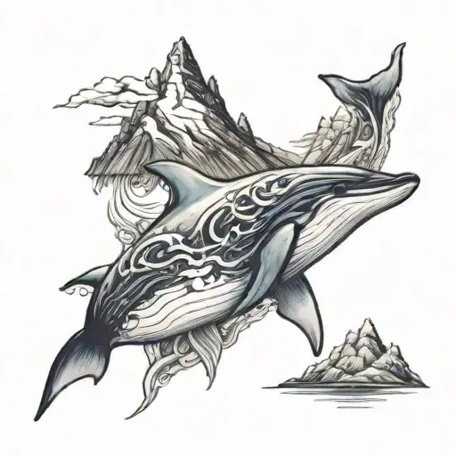 A tattoo of a sea creature like a whale or dolphin intertwined with mountain peaks, showcasing your love for the sea and mountains tattoo design idea