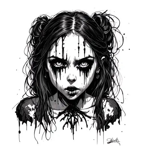 A sketch of a horror-style tattoo. all the lines are black. The girl looks seriously sideways with her eyes, in black ha tattoo design idea