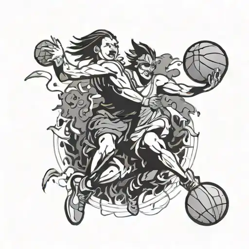 Design a tattoo that features iconic characters from Dota 2 playing basketball in a creative and fun way tattoo design idea