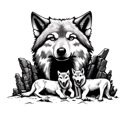 It is said to be a wolf head under which a cave with a wolf and 2 young wolves lies. Colored in a spectrum of tattoo design idea