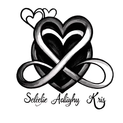 infinity sign tattoo design with hearts, with three names, Seleslie, Aaliyah, And Kris.  tattoo design idea