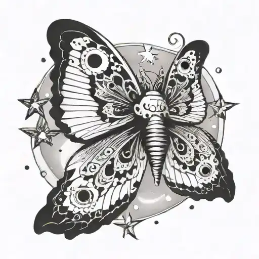 moons and stars with a big moth emerging tattoo design idea