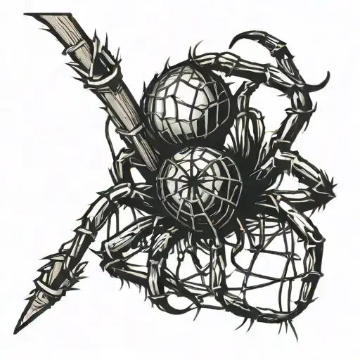 A gothic cybersigilism spider crawling on a barbed wire fence tattoo design idea