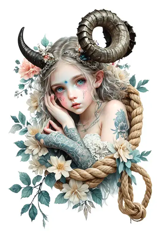 Girl tender face little horn a rope that holds her hands and floral ornament with a gothic touch tattoo design idea