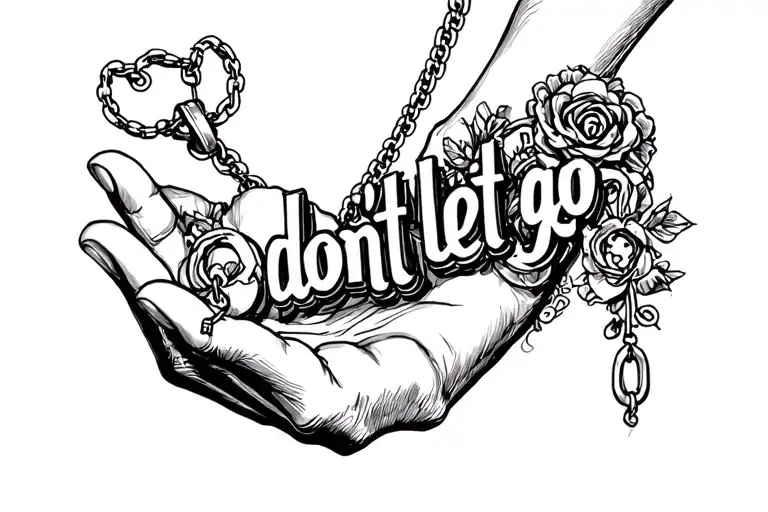 "don't let go" hand holding a necklace. huge bold text tattoo design idea