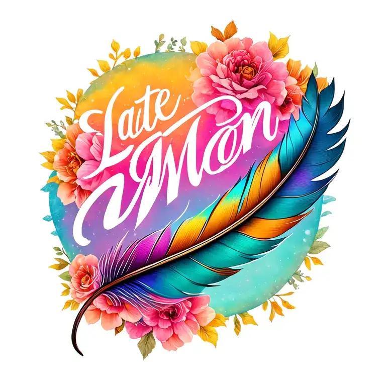 late mom name with feather and a text tattoo design idea