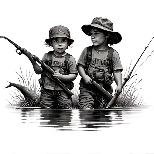 hunting, fishing, two kids tattoo design idea