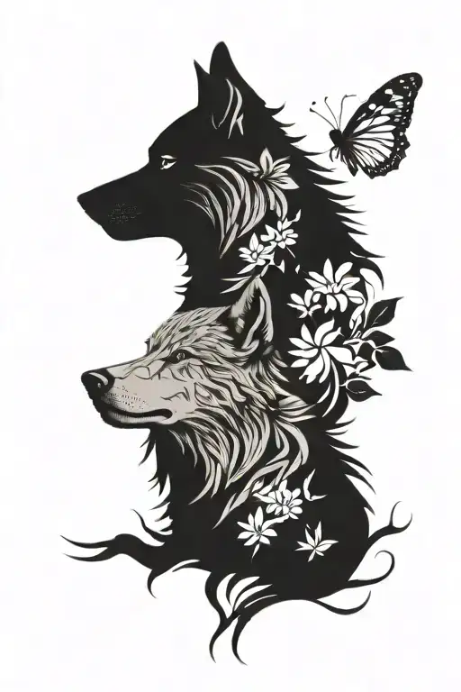 wolf silhouette intertwined w butterfly 🦋  tattoo design idea