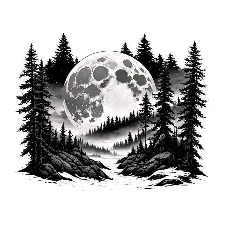 Massive Forest Landscape With Huge Moon In The Background Tattoo tattoo design idea