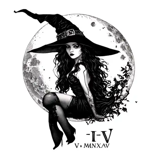 "IV - V - MMXIV" sexy witch silhouette over full moon tattoo design idea