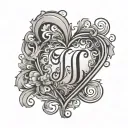 simple elegant monogram with the letters J on the left T in the middle and B on the right over lapping a heart design tattoo design idea