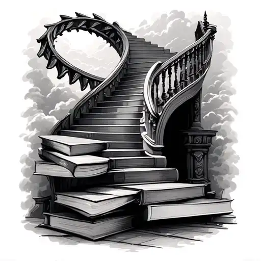 Steps from books creating a screw staircase going to the sky tattoo design idea