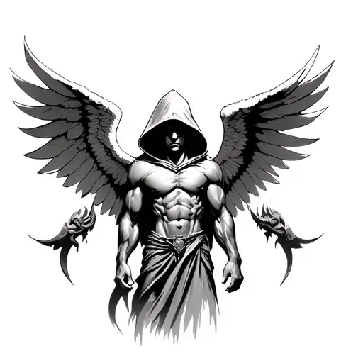 a highly detailed black and white tattoo design of a muscular hooded angel with large, dramatic wings spread wide. tattoo design idea