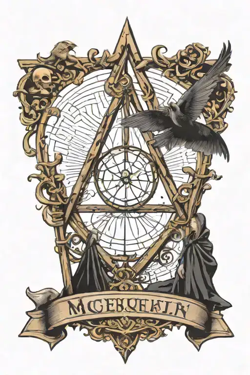 Deathly Hallows, invisibility cloak, Hermione, Luna, Ginny's wands, Elder wand as McGonagall's wand, resurrection stone tattoo design idea