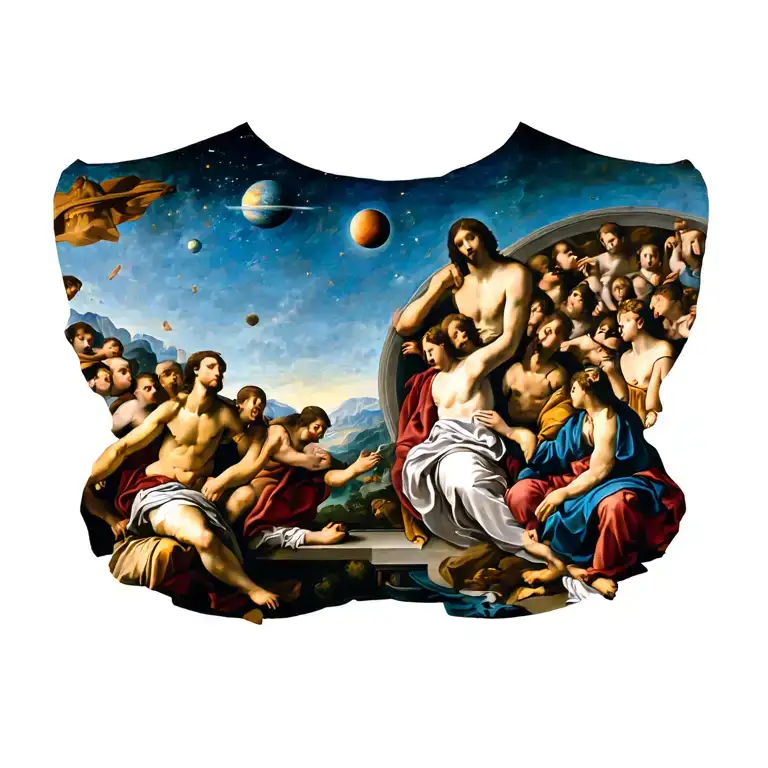 school of athens the whole painting by raphael on the chest but replace the sky with a space theme (physics, astronomy) tattoo design idea